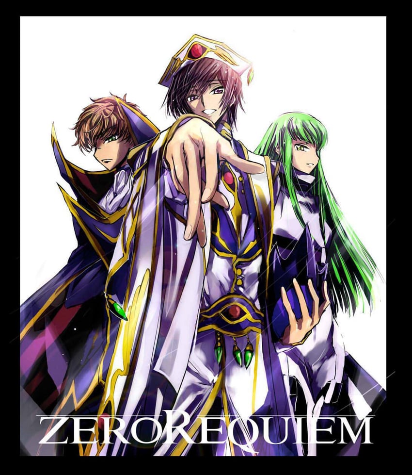 c.c., lelouch vi britannia, and kururugi suzaku (code geass) drawn by amatu_trabajo