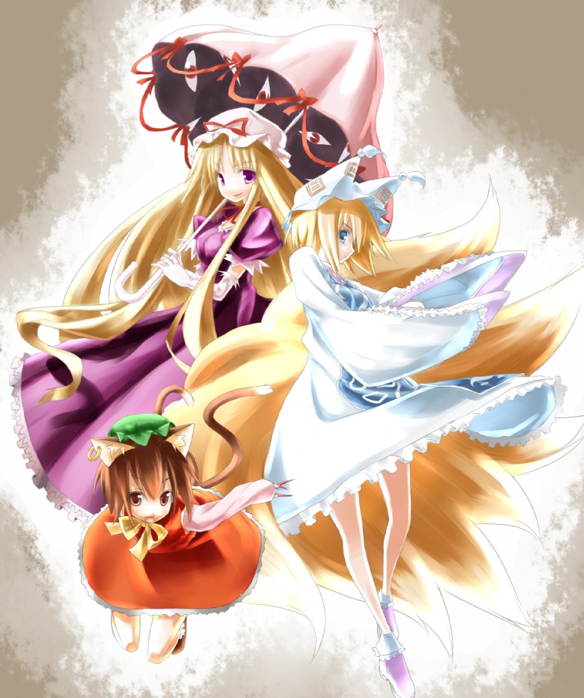 yakumo yukari, yakumo ran, and chen (touhou) drawn by hiraga_matsuri