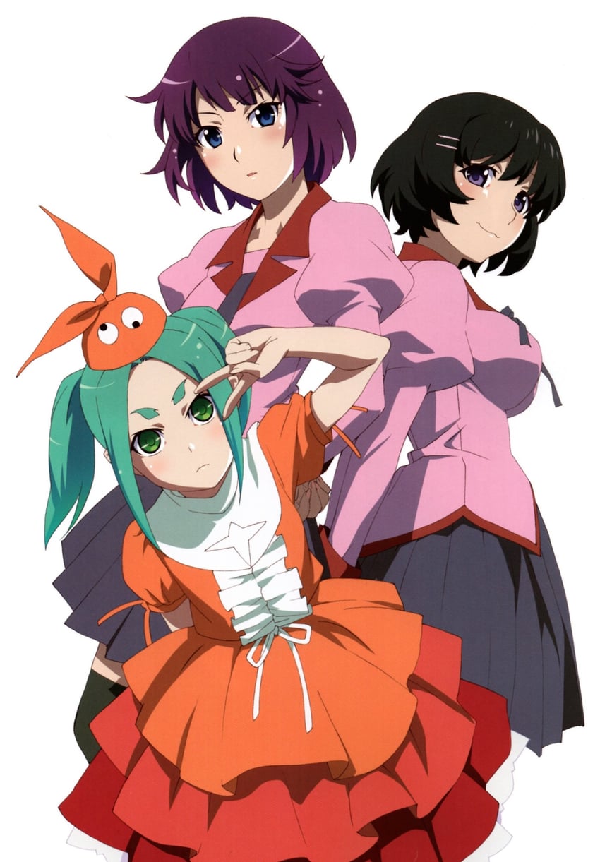 senjougahara hitagi, hanekawa tsubasa, and ononoki yotsugi (monogatari and 1 more) drawn by watanabe_akio
