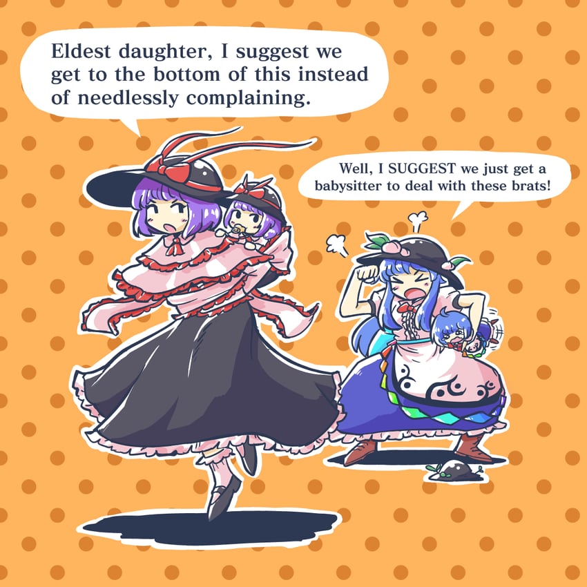 hinanawi tenshi and nagae iku (touhou and 3 more) drawn by oysterfried
