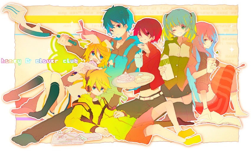 hatsune miku, kagamine rin, kagamine len, megurine luka, kaito, and 1 more (vocaloid and 1 more) drawn by miwasiba