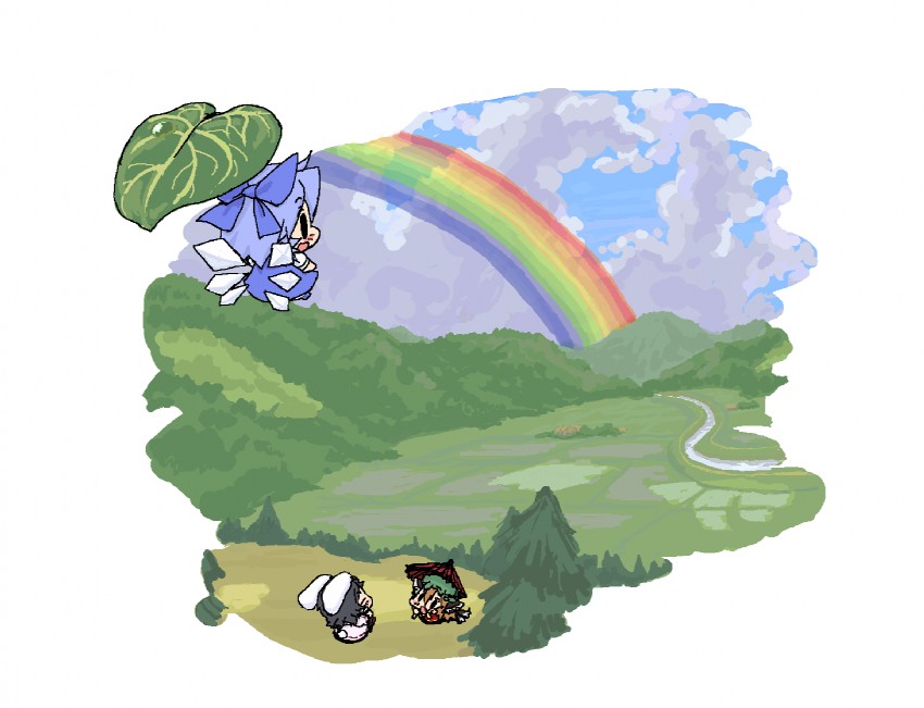 cirno, chen, and inaba tewi (touhou) drawn by baku_taso