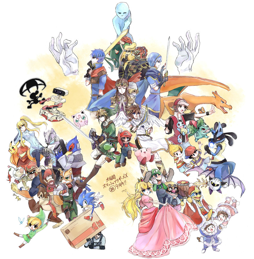 link, pikachu, princess zelda, kirby, princess peach, and 37 more (pokemon and 25 more) drawn by futtia