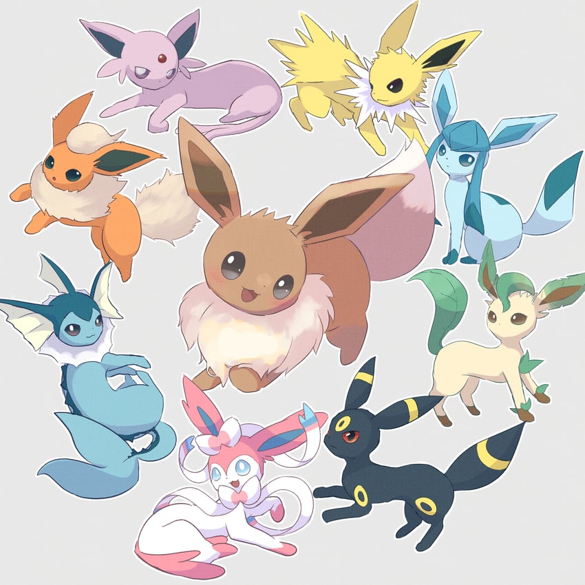 eevee, sylveon, umbreon, glaceon, vaporeon, and 4 more (pokemon) drawn by pio_(piopio_poke)