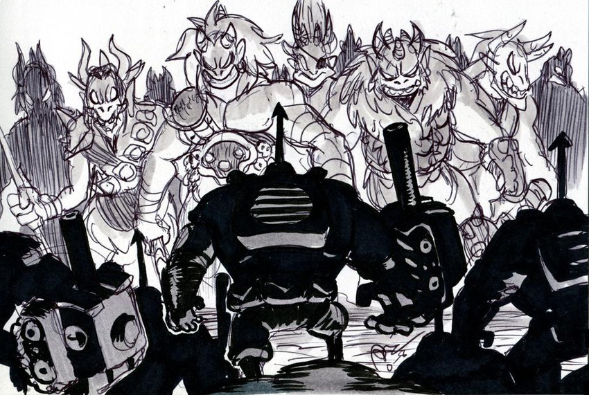 black egrets, gigan, and panzerfaust (skullgirls) drawn by alex_ahad