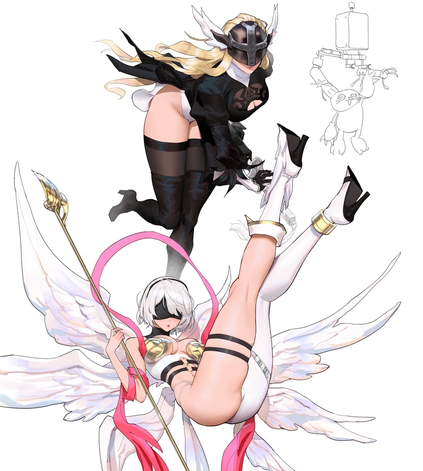2b, pod, angewomon, and tailmon (digimon and 3 more) drawn by wonbin_lee