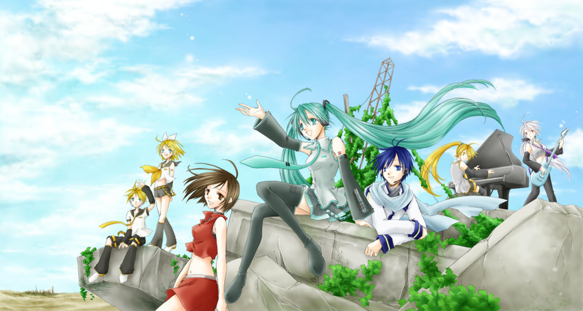 hatsune miku, kagamine rin, kagamine len, kaito, meiko, and 2 more (vocaloid) drawn by fujie