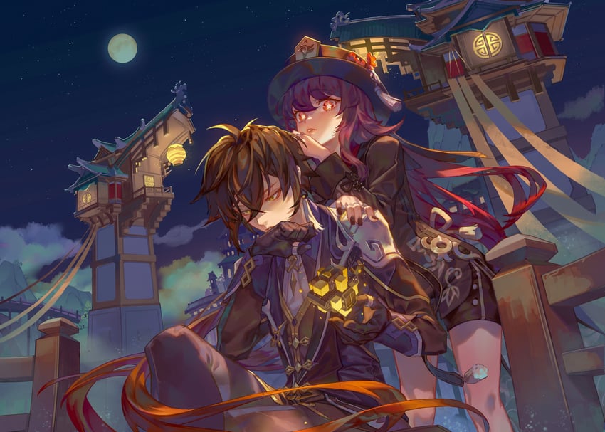 hu tao and zhongli (genshin impact) drawn by rui_(gsr1982)