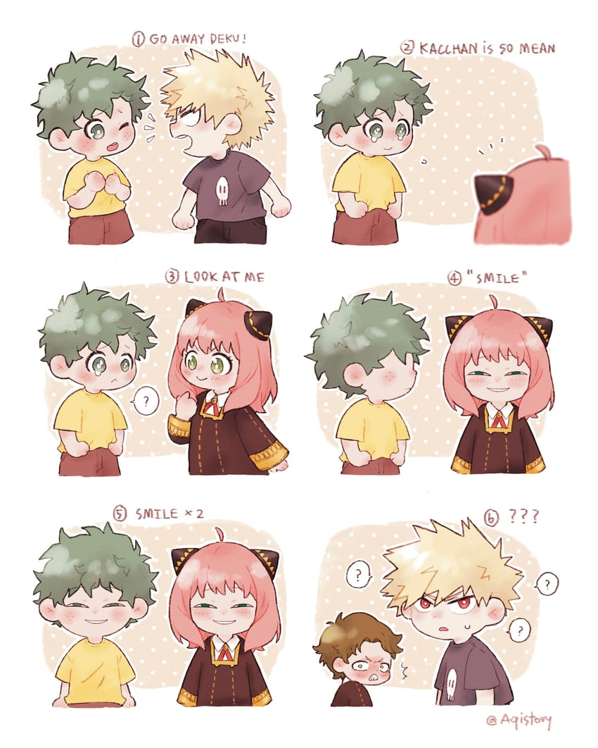 midoriya izuku, anya, bakugou katsuki, and damian desmond (boku no hero academia and 1 more) drawn by aqistory