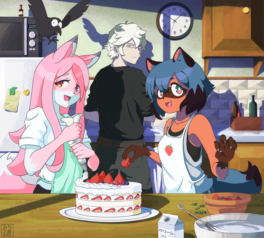 kagemori michiru, hiwatashi nazuna, ogami shirou, and kuro (brand new animal) drawn by michirutnk