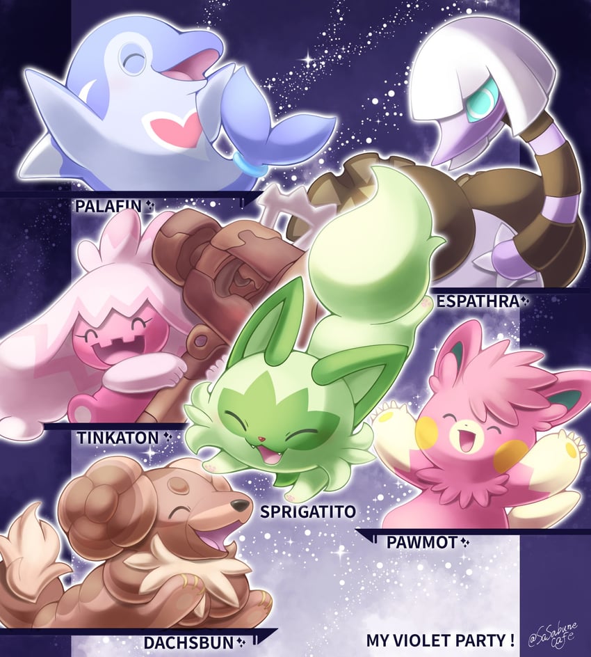 sprigatito, tinkaton, pawmot, dachsbun, palafin, and 1 more (pokemon) drawn by sasabunecafe