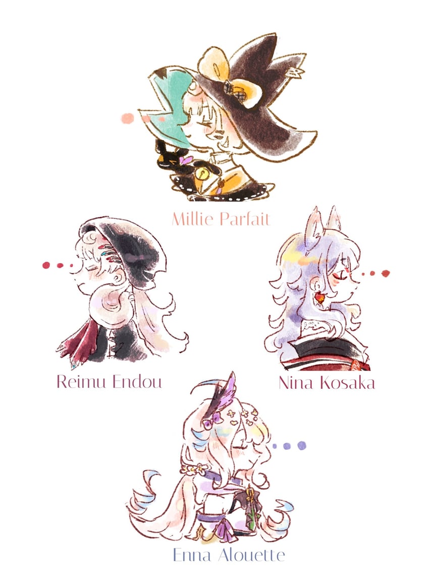 enna alouette, millie parfait, nina kosaka, reimu endou, and lucie (nijisanji and 1 more) drawn by kurumission
