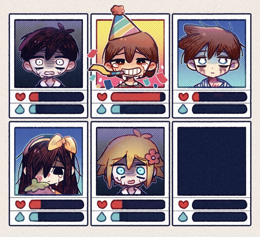 sunny, basil, aubrey, kel, and hero (omori) drawn by wakame_(vhai26uhykmqb9k)