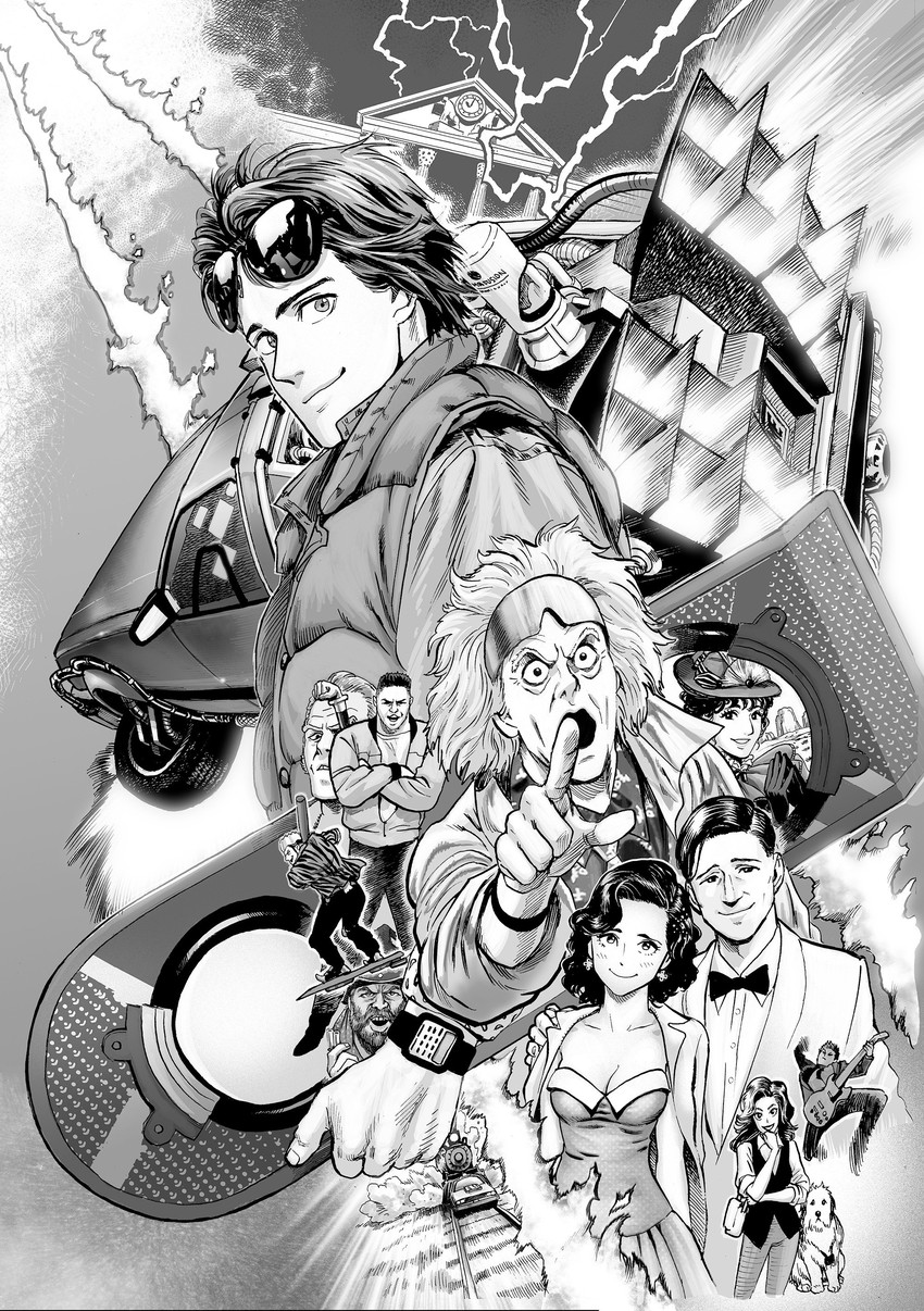marty mcfly, emmett brown, einstein, lorraine baines, biff tannen, and 5 more (back to the future and 2 more) drawn by murata_yuusuke