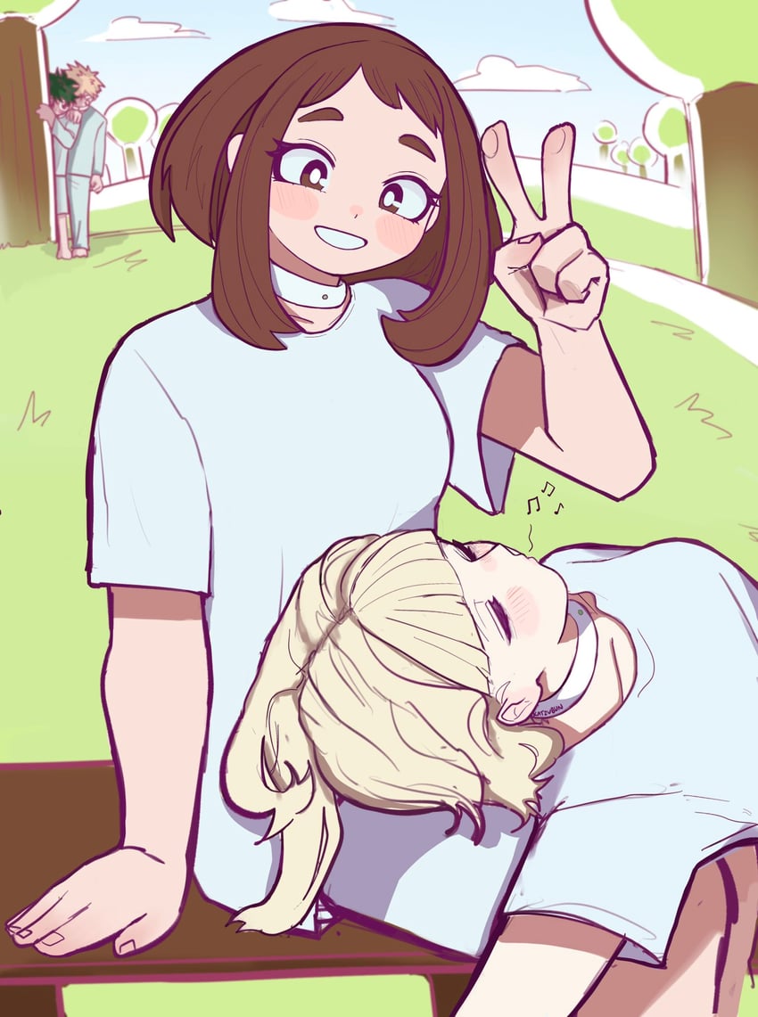midoriya izuku, uraraka ochaco, bakugou katsuki, and toga himiko (boku no hero academia and 1 more) drawn by katzubun
