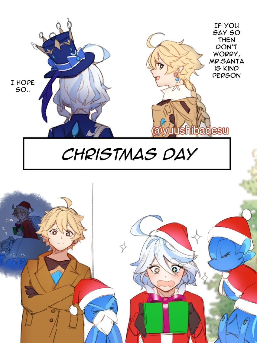 aether, furina, surintendante chevalmarin, and gentilhomme usher (genshin impact) drawn by yuushiba