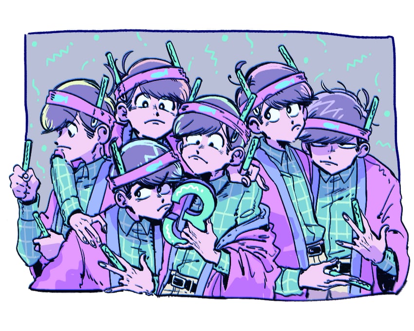 matsuno osomatsu, matsuno karamatsu, matsuno ichimatsu, matsuno jyushimatsu, matsuno choromatsu, and 1 more (osomatsu and 1 more) drawn by korozikoro