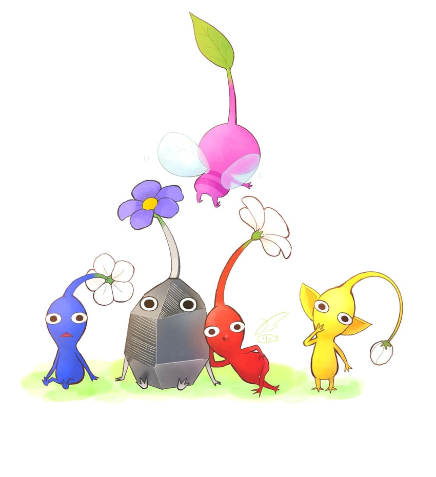 red pikmin, yellow pikmin, blue pikmin, winged pikmin, and rock pikmin (pikmin) drawn by ayan_(ayan_00o)