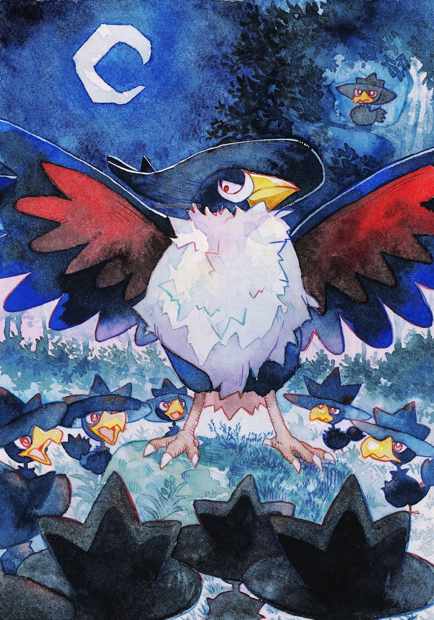 murkrow and honchkrow (pokemon) drawn by yamanashi_taiki
