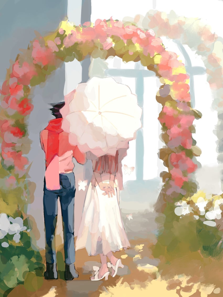 phoenix wright and dahlia hawthorne (ace attorney and 1 more) drawn by oxygen_b