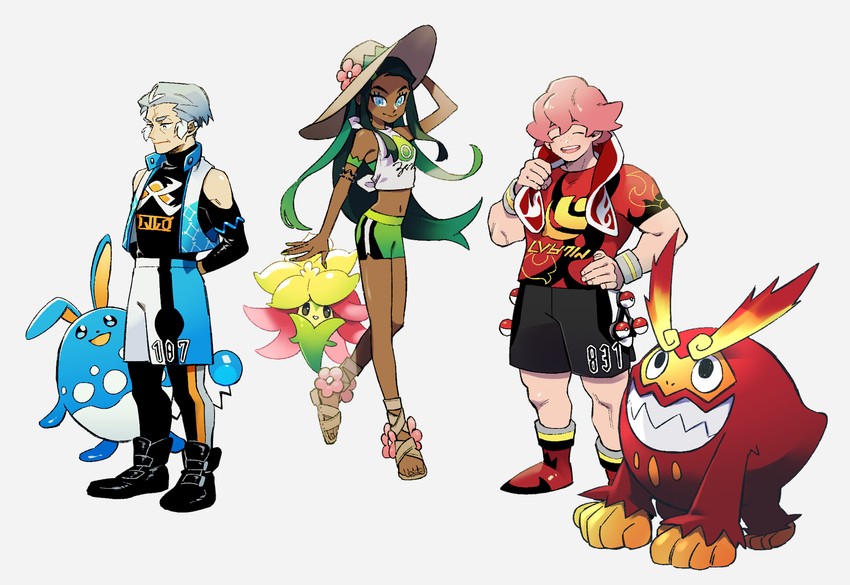 nessa, kabu, azumarill, milo, darmanitan, and 1 more (pokemon and 1 more) drawn by kobayashi_(oksk0x0)