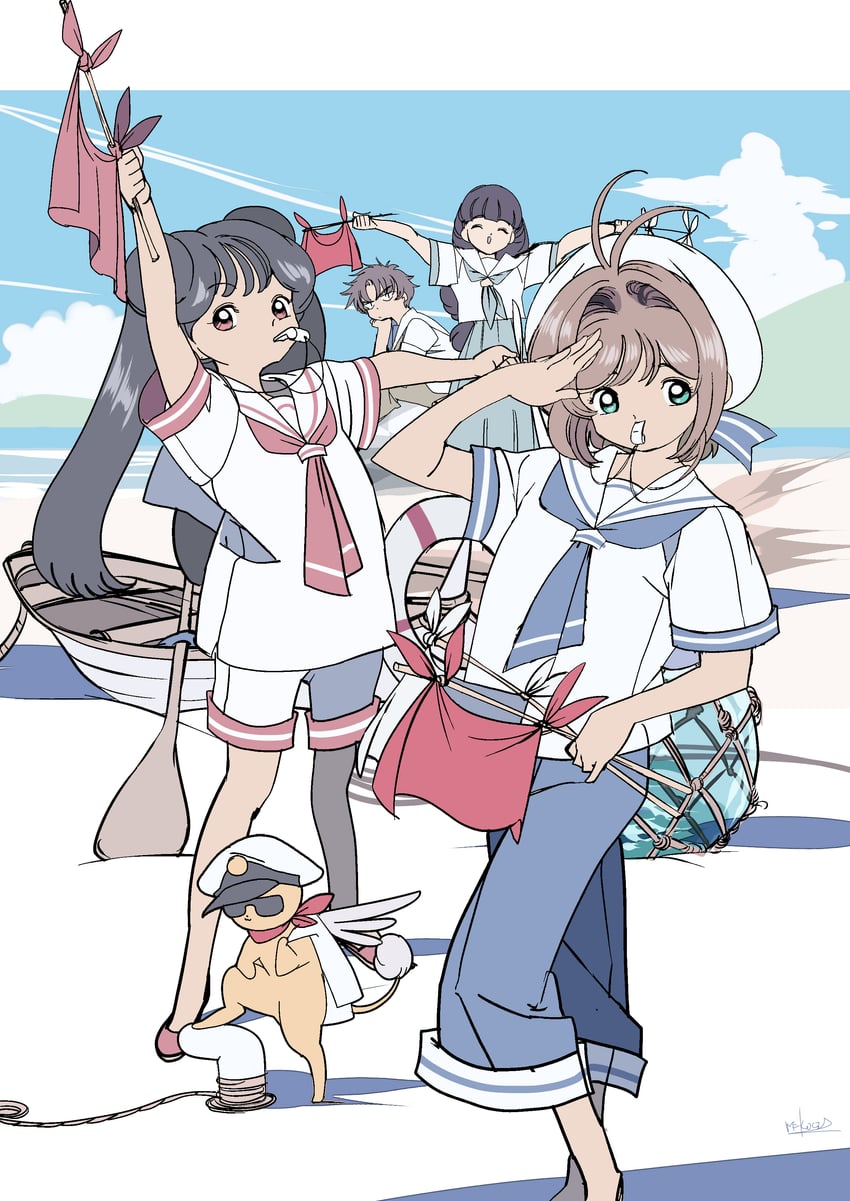 kinomoto sakura, kero, daidouji tomoyo, li syaoran, and li meiling (cardcaptor sakura) drawn by edoya_inuhachi