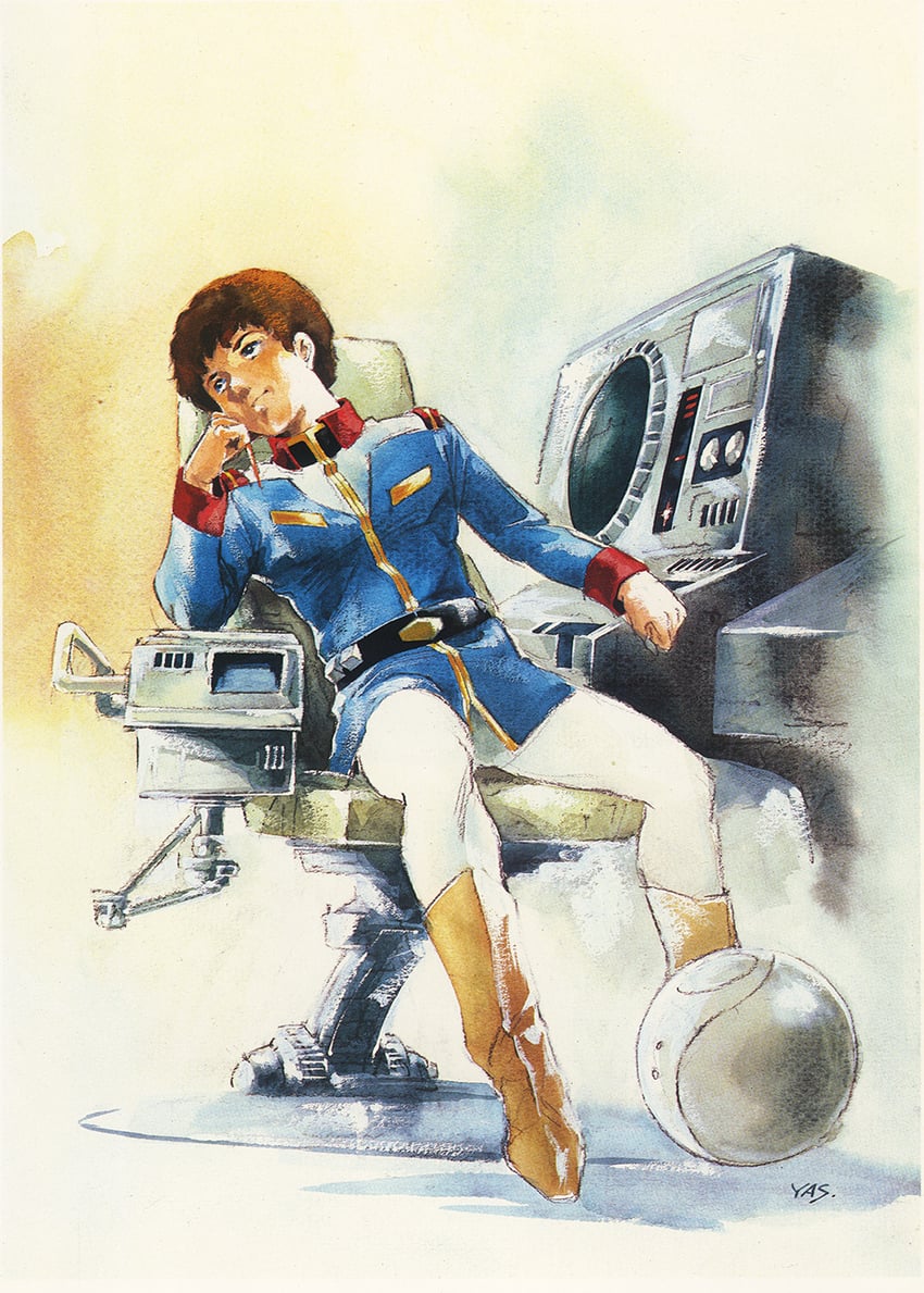 haro, amuro ray, and white base (gundam and 1 more) drawn by yasuhiko_yoshikazu