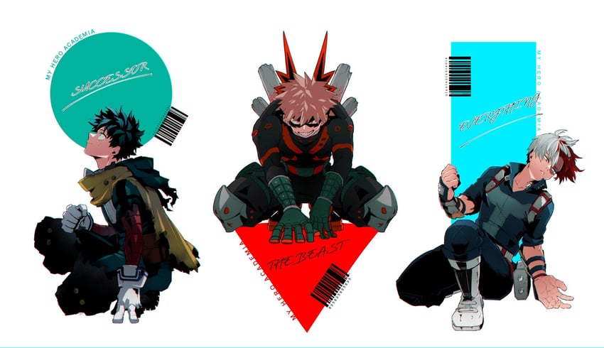 midoriya izuku, bakugou katsuki, and todoroki shoto (boku no hero academia) drawn by 72mob