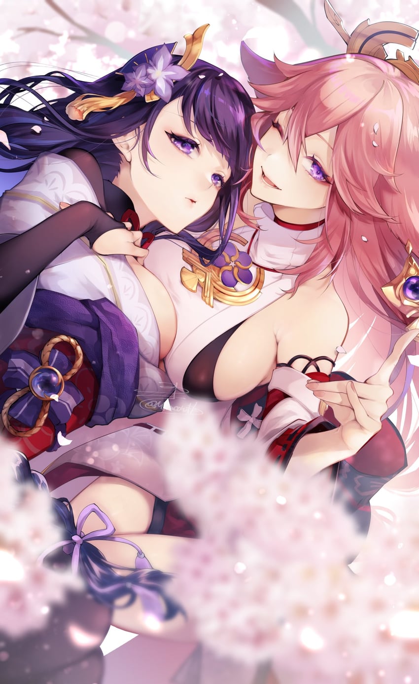 raiden shogun and yae miko (genshin impact) drawn by mimoontk