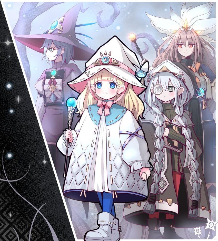 diabellstar the black witch, diabellze the original sinkeeper, astellar of the white forest, elzette of the white forest, silvy of the white forest, and 1 more (yu-gi-oh! and 1 more) drawn by akisame_rizu