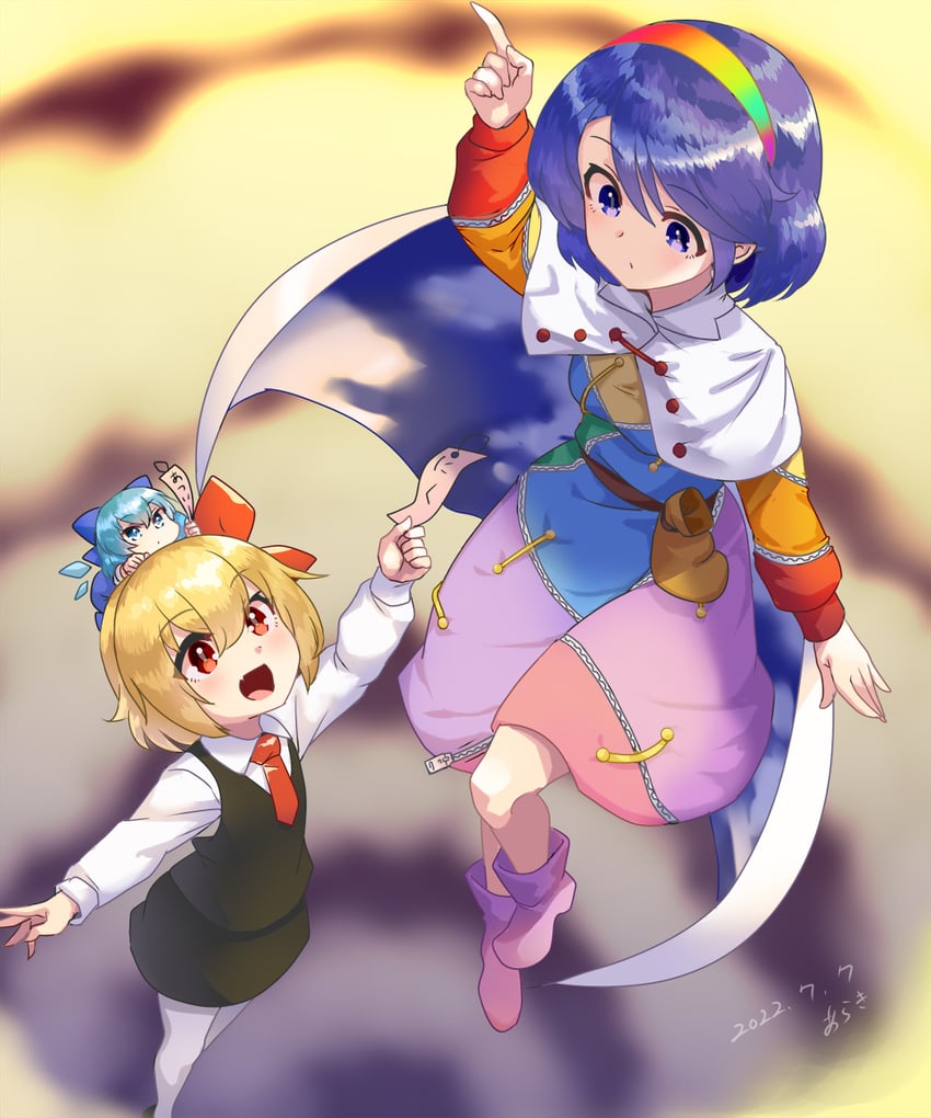 cirno, rumia, and tenkyuu chimata (touhou) drawn by araki_(qbthgry)