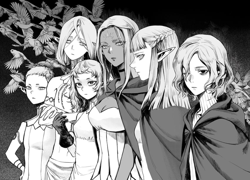 mithrun, fleki, lycion, cithis, pattadol, and 1 more (dungeon meshi) drawn by moon_shutiao