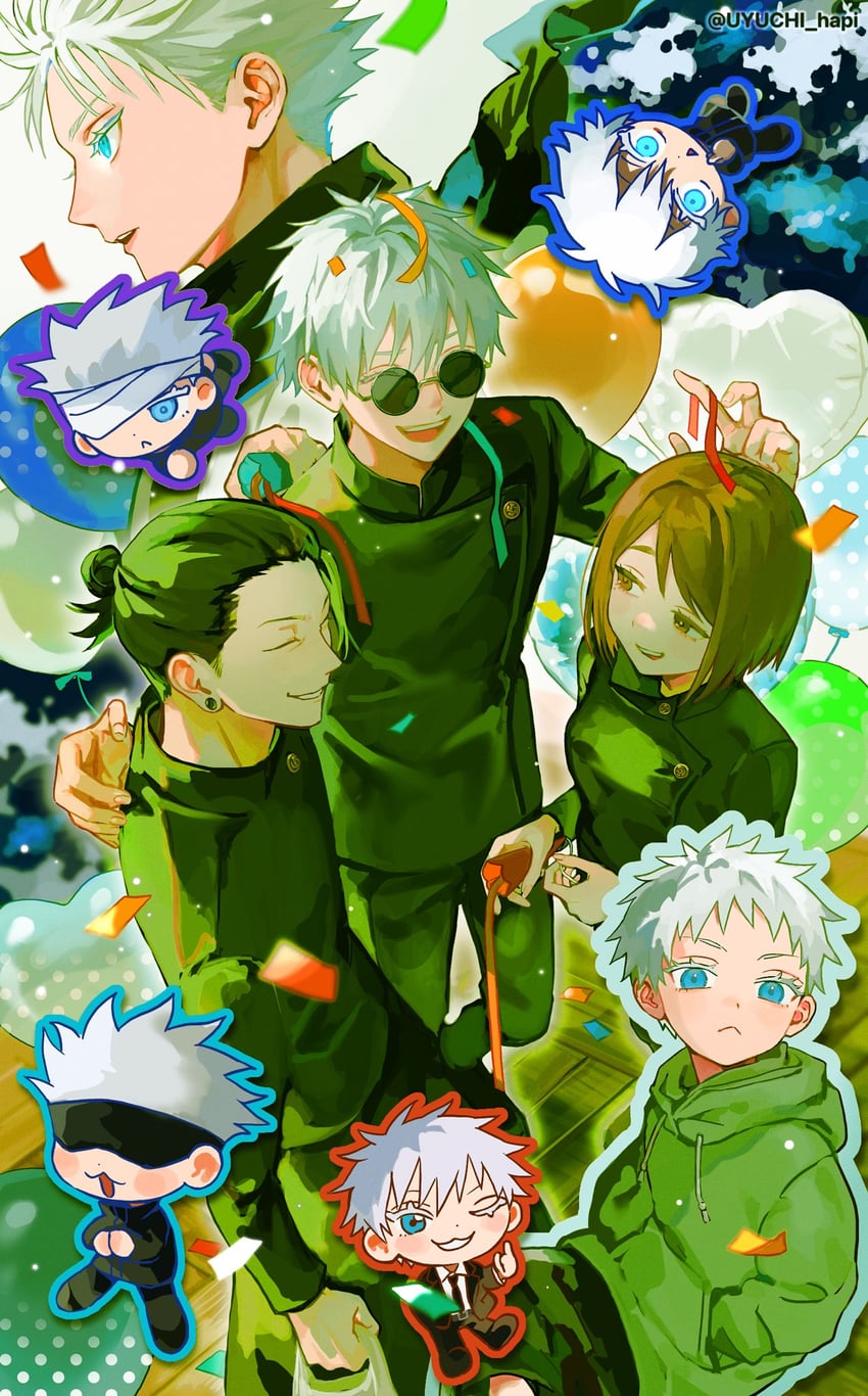 gojou satoru, getou suguru, and ieiri shoko (jujutsu kaisen) drawn by uyuchi_hapi