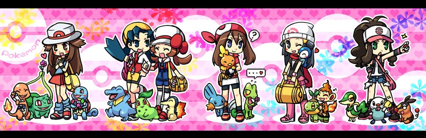 may, hilda, piplup, leaf, lyra, and 15 more (pokemon and 6 more) drawn by kuromine99