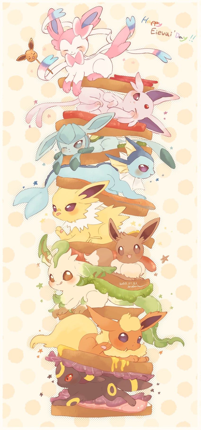 eevee, sylveon, umbreon, glaceon, vaporeon, and 4 more (pokemon) drawn by mkt_(buizu-miki)