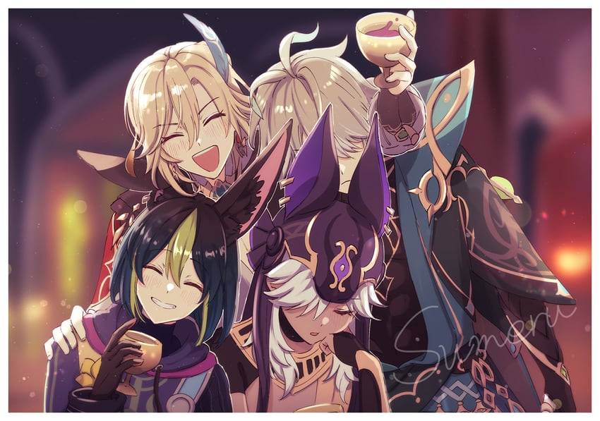 alhaitham, tighnari, kaveh, and cyno (genshin impact) drawn by uro_(urooooboe)