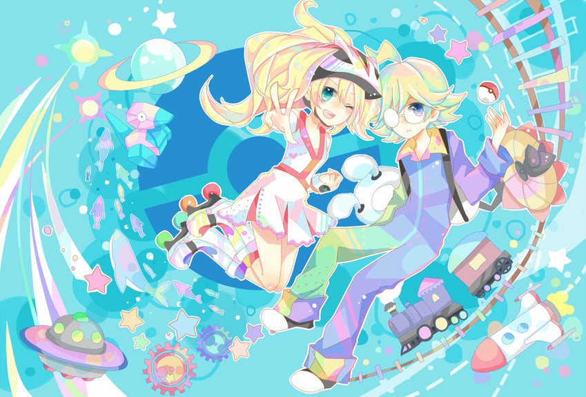 clemont, korrina, and porygon (pokemon and 1 more) drawn by yuyu_(spika)