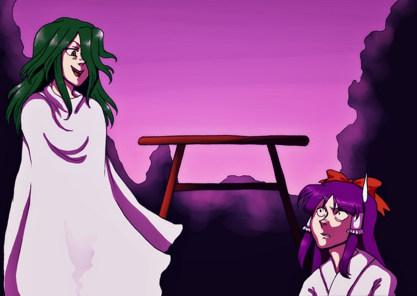 hakurei reimu and mima (touhou and 1 more) drawn by moonywitcher