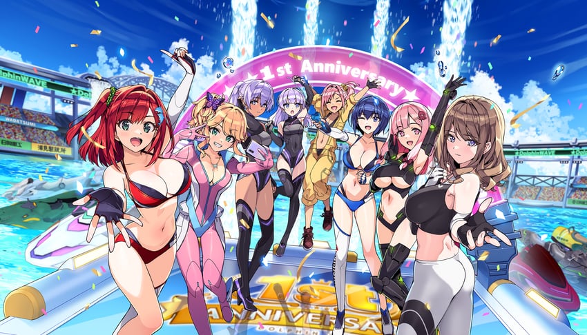 sakimiya iruka, tojou michiru, suminoe shion, izumi kiri, schnee weissberg, and 3 more (dolphin wave) drawn by ootomo_takuji