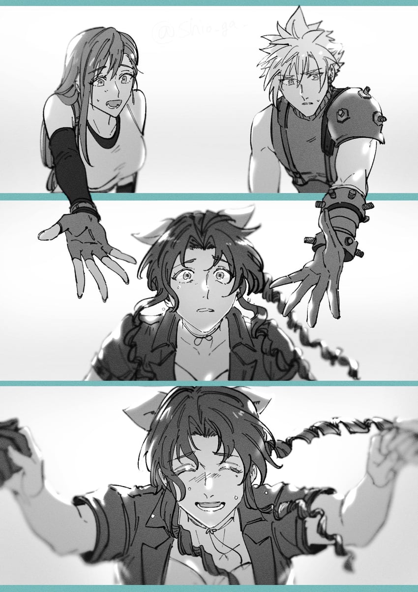 tifa lockhart, cloud strife, and aerith gainsborough (final fantasy and 2 more) drawn by shio_ga