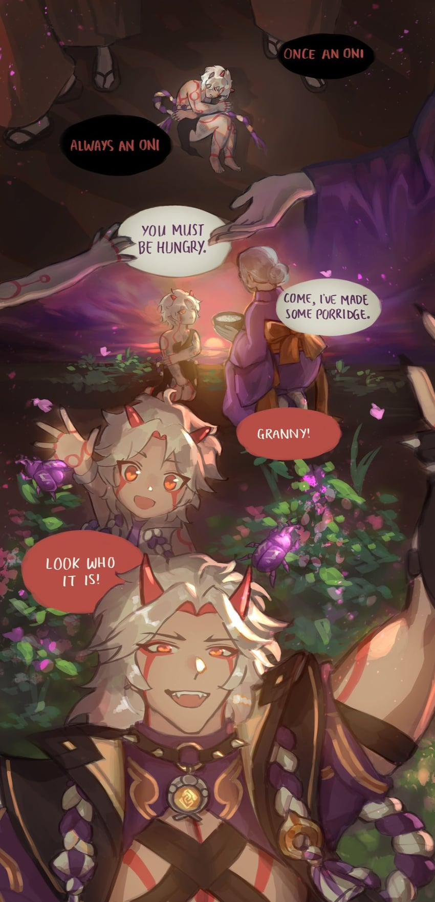 arataki itto, onikabuto, and granny oni (genshin impact) drawn by moonshreds