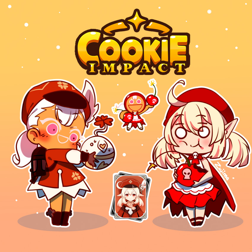 klee, jumpy dumpty, and cherry cookie (genshin impact and 2 more) drawn by zujima