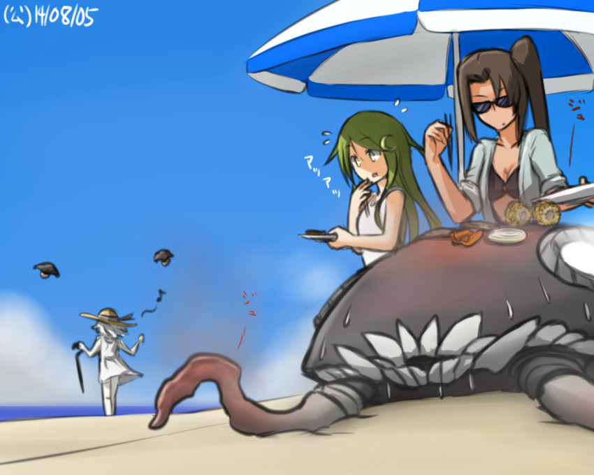 wo-class aircraft carrier, nachi, nagatsuki, and enemy aircraft (kantai collection) drawn by hamu_koutarou