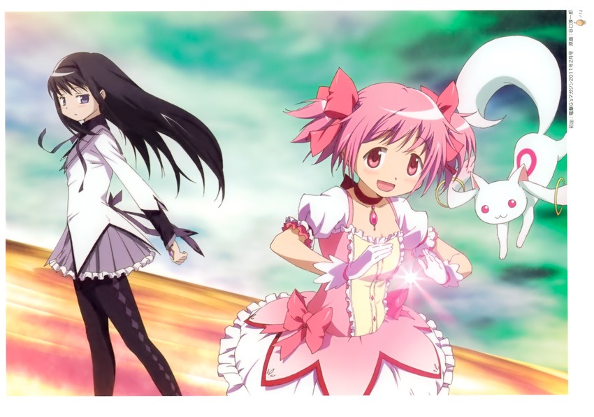 akemi homura, kaname madoka, and kyubey (mahou shoujo madoka magica) drawn by taniguchi_jun'ichirou