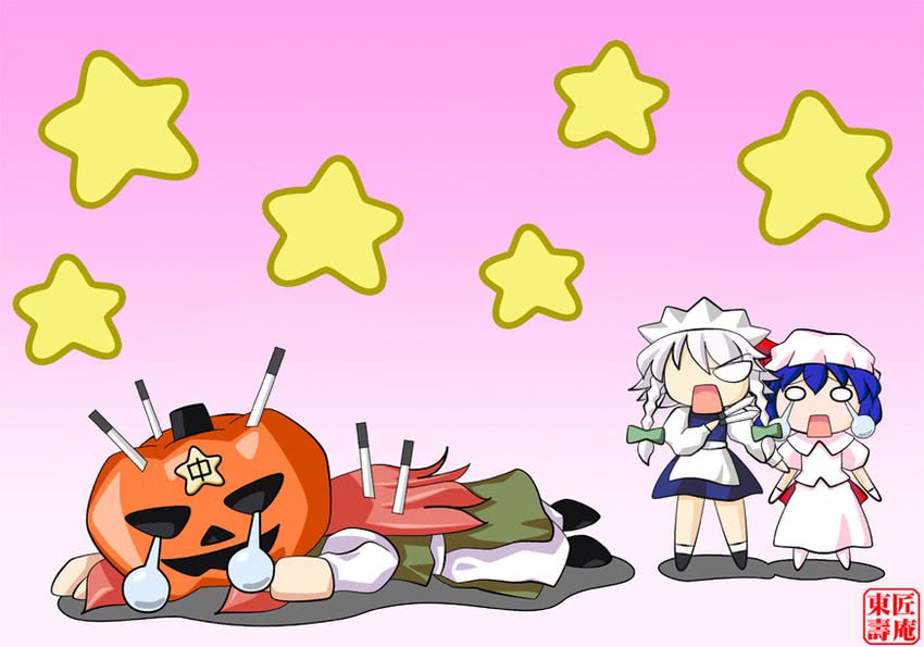 remilia scarlet, izayoi sakuya, and hong meiling (touhou) drawn by fuji_(eigi)