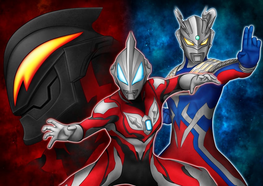 ultraman zero, ultraman belial, and ultraman geed (ultra series and 2 more) drawn by hetareman