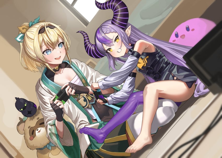 kirby, la+ darknesss, kazama iroha, and crow (hololive and 1 more) drawn by zyaki