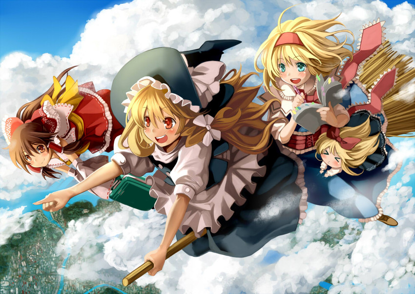 hakurei reimu, kirisame marisa, alice margatroid, and shanghai doll (touhou) drawn by i-la