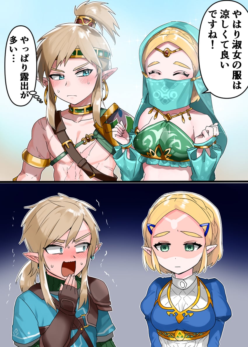 link and princess zelda (the legend of zelda and 1 more) drawn by wasabi_(legemd)