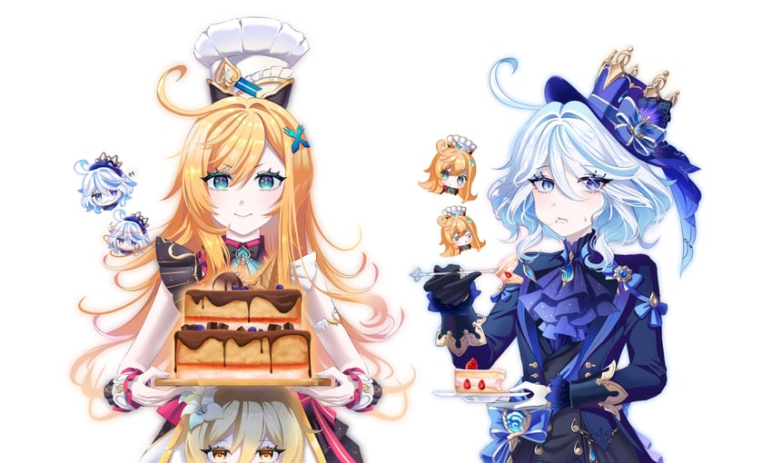 lumine, furina, and escoffier (genshin impact) drawn by gaem_(gaemdongran)